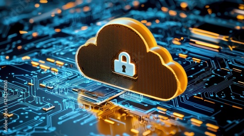 A digital cloud icon featuring a lock, symbolizing data security and privacy, set against a circuit board background.