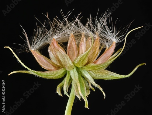 Close-up seed pod with feathery pappus ready for dispersal on dark background photo