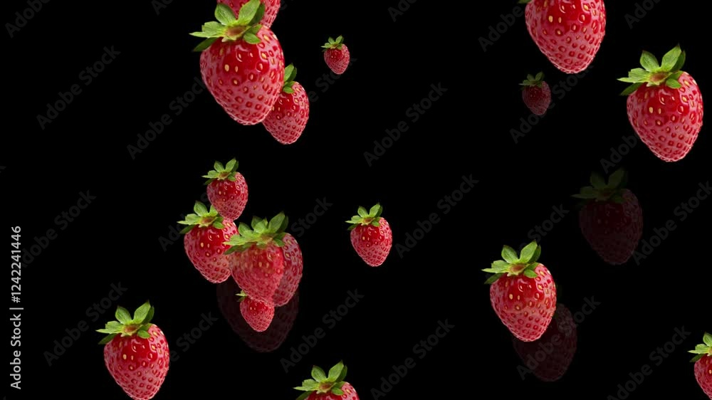 Strawberries falling down on black background. Super Slow Motion Shot of Fresh Strawberries.
Strawberry falling with alpha for overlay. Filmed on high speed cinema camera, Strawberries falling down on black background. Super Slow Motion Shot of Fresh Strawberries.
Strawberry falling with alpha for overlay. Filmed on high speed cinema camera,