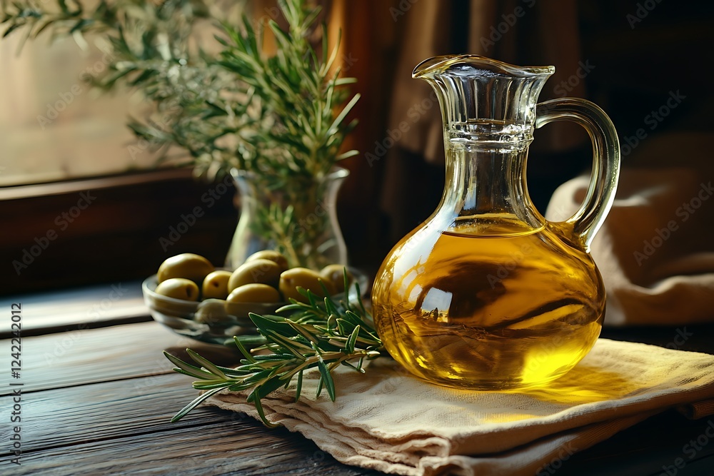 olive oil in a glass jug and olives on a wooden table olive oil in a glass jug and olives on a wooden table