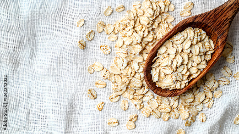 Rolled oats scattered on a linen surface, overflowing from a wooden scoop. Rolled oats scattered on a linen surface, overflowing from a wooden scoop.