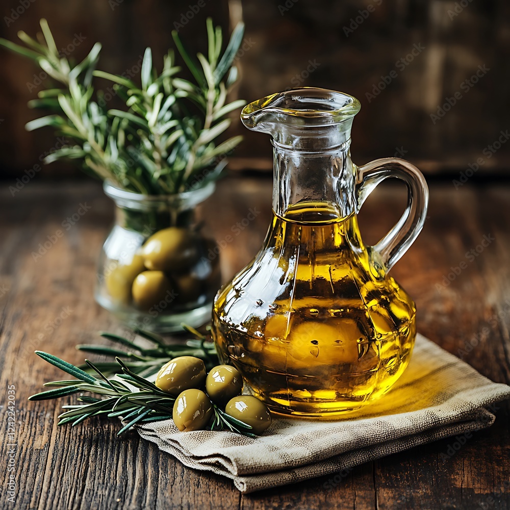 olive oil in a glass jug and olives on a wooden table olive oil in a glass jug and olives on a wooden table