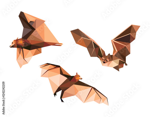 Collection of Flying Bat Polygonal Low Poly Illustration. Set Abstract Triangular Vector of Bat Animal. Polygon Flying Bat Logo Set. Illustration of bat for kids animal book