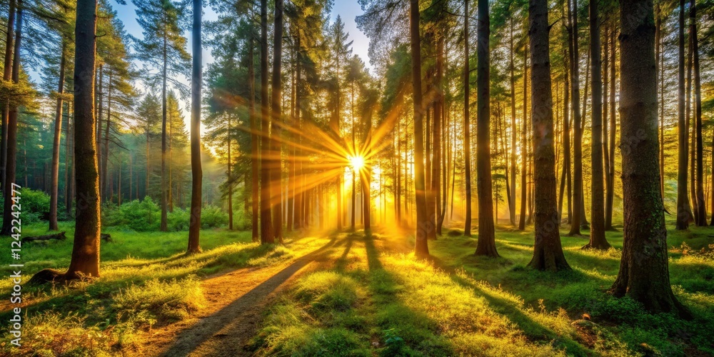 Obraz premium Sun-drenched leaves frame a vibrant dawn, a breathtaking landscape unfolds.