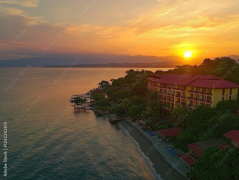 Sunset view over a coastal hotel and beach with orange sky and mountain background Sunset view over a coastal hotel and beach with orange sky and mountain background