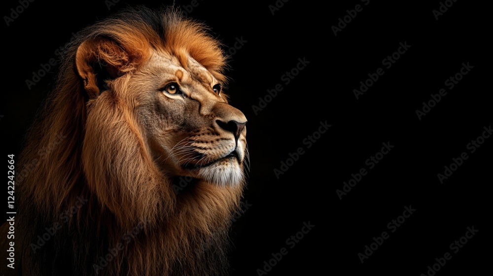 Naklejka premium Portrait of a majestic lion, isolated on a black background, with copy space concept. World Wildlife Day campaign.