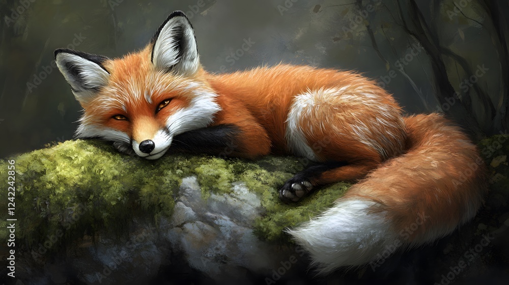 Fototapeta premium A relaxed orange fox lounging on a mossy log in a serene forest setting.