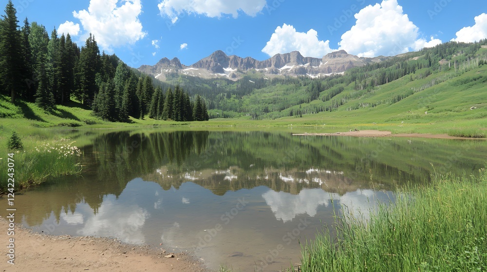 Fototapeta premium Scenic mountain landscape with reflections in a calm lake, lush greenery surrounds.