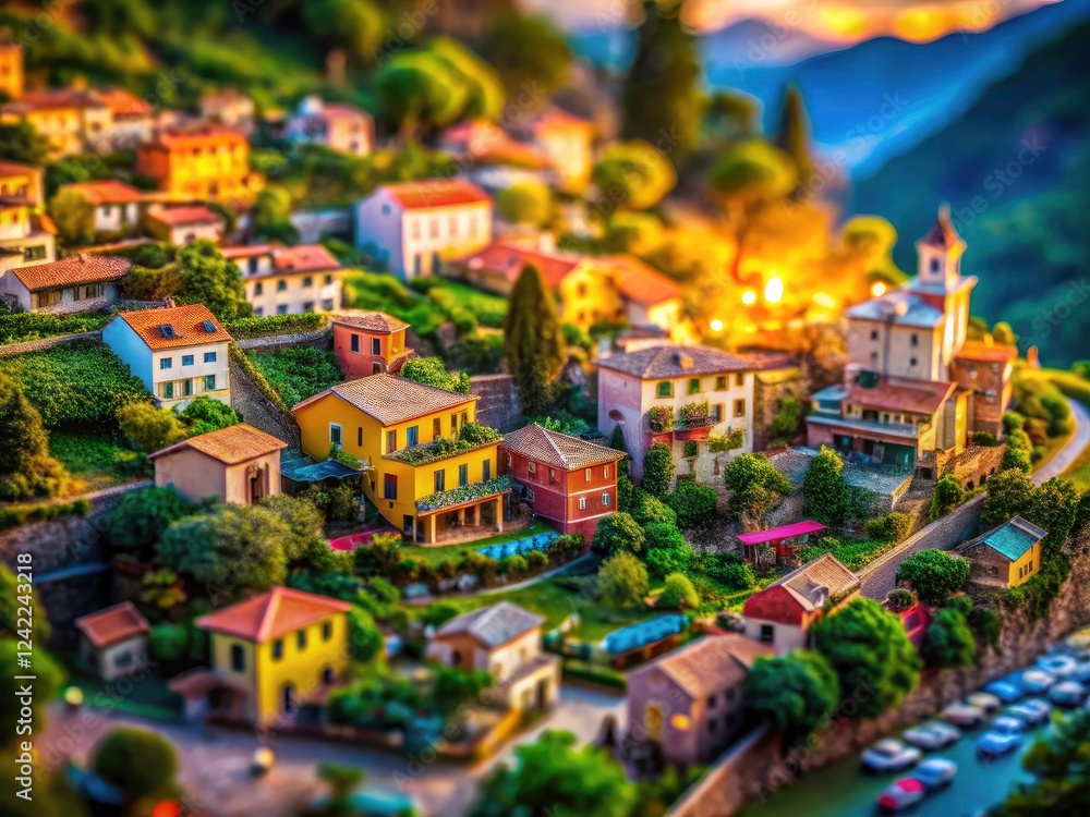 Naklejka premium Surreal miniature photography: tilt-shift transforms diecast toys and landscapes into fantastical scenes.