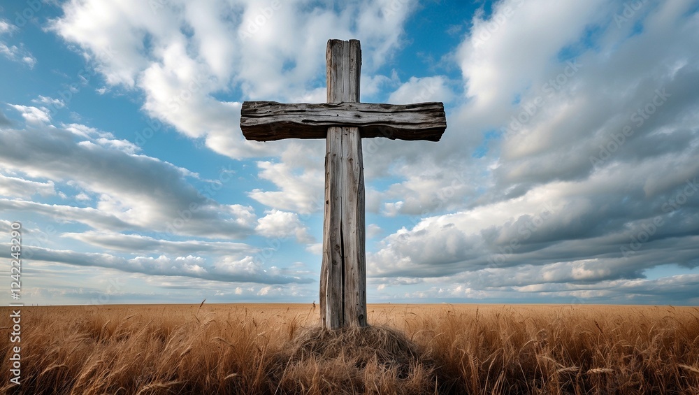 Rustic wooden cross beneath expansive cloudy sky Rustic wooden cross beneath expansive cloudy sky