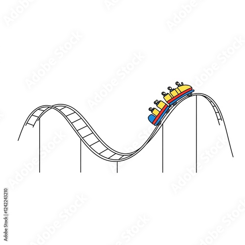 black line rollercoaster illustration with yellow red and blue train cars