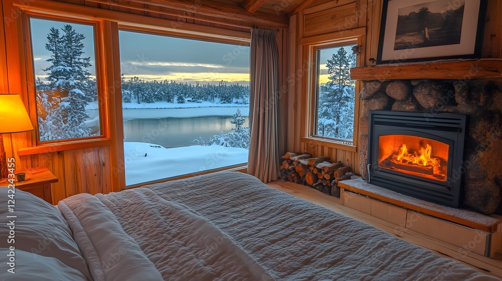 Fototapeta premium Cozy bedroom with a view of a snowy landscape and a warm fireplace.