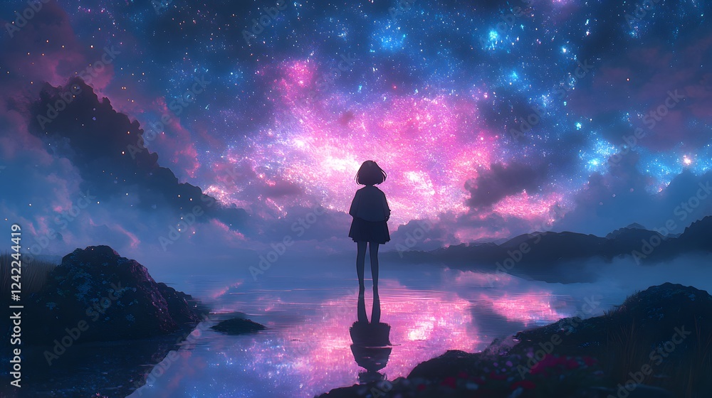 Obraz premium Silhouette of a girl gazing at a vibrant cosmic sky over a serene lake.