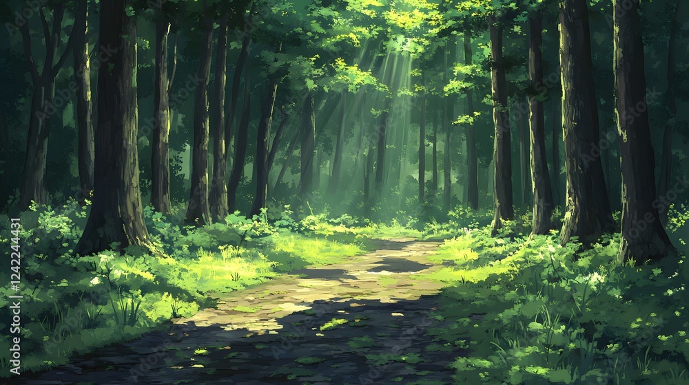 Obraz premium Serene forest pathway illuminated by soft sunlight filtering through the trees.
