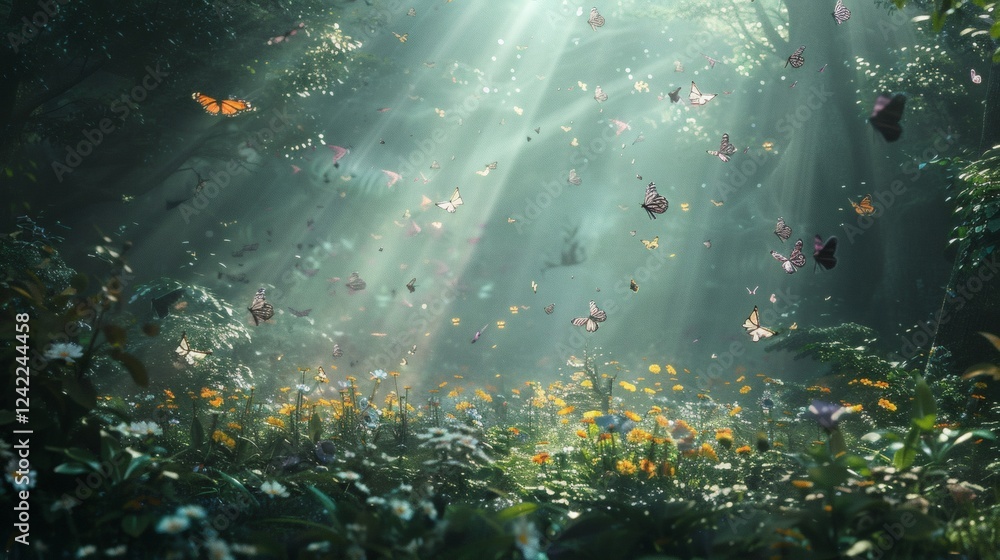 Fototapeta premium Ethereal Forest Clearing with Sunlight and Colorful Butterflies