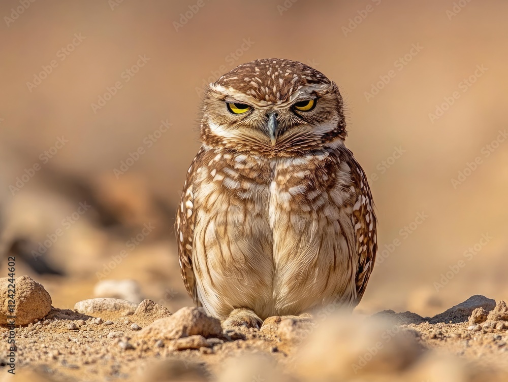 Close-up shot of a burrowing owl with intense gaze and golden eyes in desert area Close-up shot of a burrowing owl with intense gaze and golden eyes in desert area