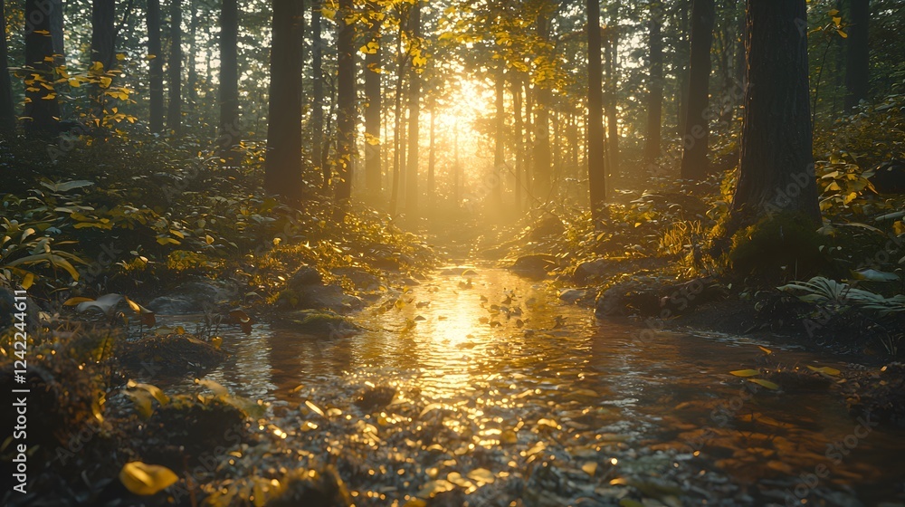 Fototapeta premium Sunrise Reflections in a Lush Forest Stream Nature Photography Tranquil Environment Serene View