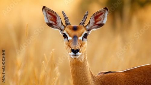 A beautiful impala looking at the camera in National Park. Animal World Wildlife Day photography concept.