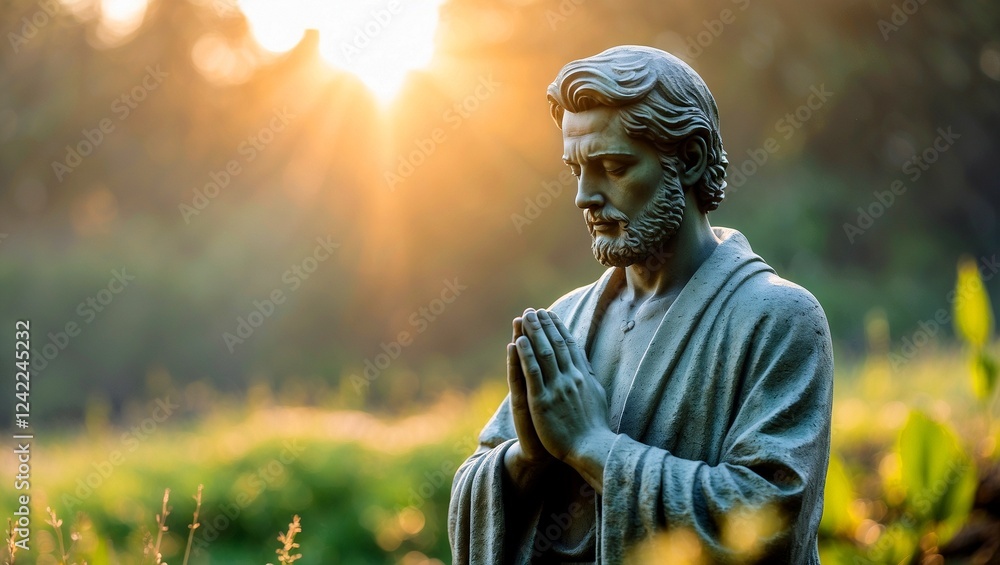 Serene stone statue of man praying at sunrise Serene stone statue of man praying at sunrise