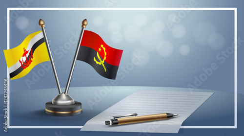 Brunei and Angola National flags on small table with bokeh background, cooperative relationship