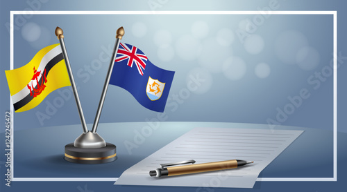 Brunei and Anguilla National flags on small table with bokeh background, cooperative relationship