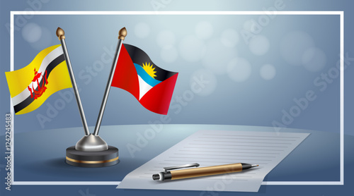 Brunei and Antigua and Barbuda National flags on small table with bokeh background, cooperative relationship