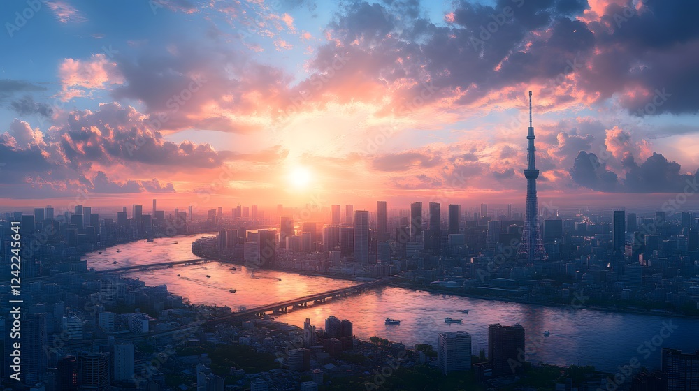 Fototapeta premium Breathtaking sunset over a vibrant city skyline with a river view.