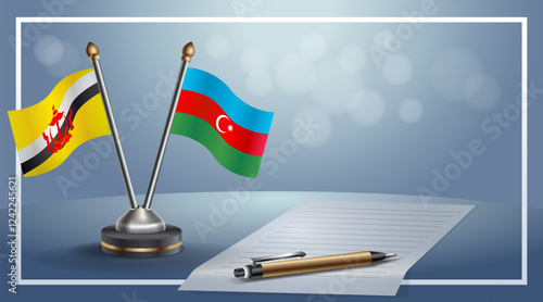 Brunei and Azerbaijan National flags on small table with bokeh background, cooperative relationship