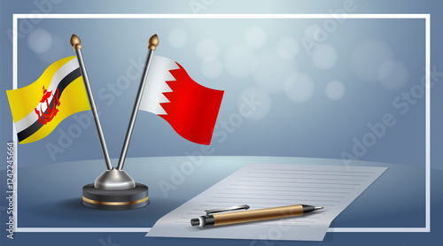 Brunei and Bahrain National flags on small table with bokeh background, cooperative relationship