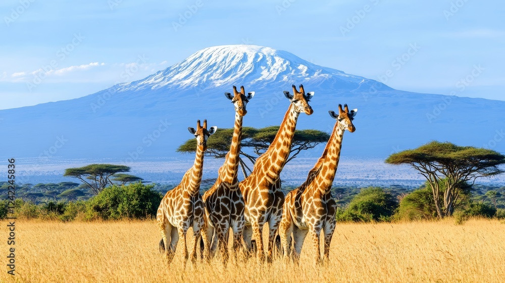Fototapeta premium Giraffes in the savannah with the snow-capped Mount Kilimanjaro against a blue sky. The background is a mount with snow at the top. Landscape natural photography for World Wildlife Day.