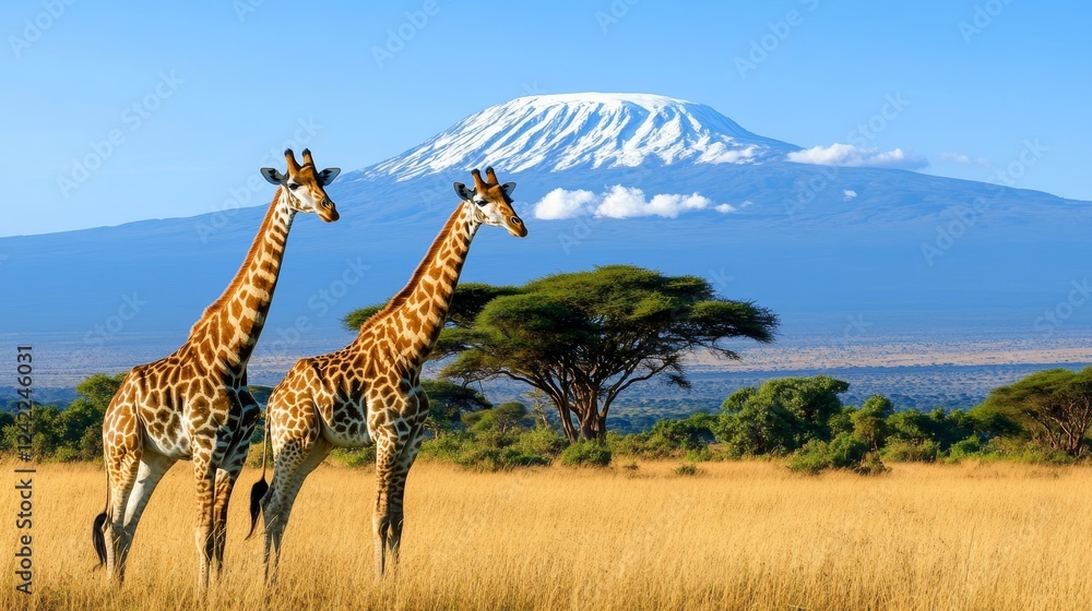 Fototapeta premium Giraffes in the savannah with the snow-capped Mount Kilimanjaro against a blue sky. The background is a mount with snow at the top. Landscape natural photography for World Wildlife Day.