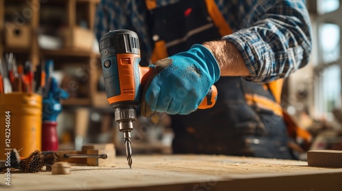 Carpenter Using a Drill in a Workshop