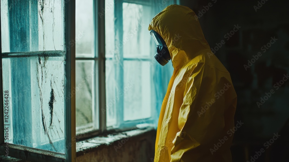 Fototapeta premium Individual in Protective Gear Gazes Out a Dusty Window in Abandoned Space