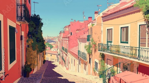 Sunny, narrow cobblestone street in a vibrant, colorful European town with traditional architecture, plants, and balconies.