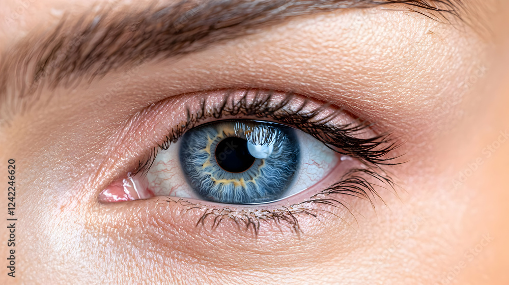 Close-up blue eye, woman, macro shot, detail Close-up blue eye, woman, macro shot, detail