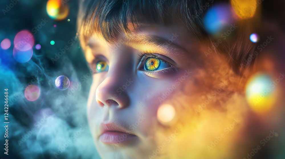 A boy’s eyes glowing with wonder, surrounded by colorful smoke and tiny floating planets, soft light from behind creating an otherworldly effect A boy’s eyes glowing with wonder, surrounded by colorful smoke and tiny floating planets, soft light from behind creating an otherworldly effect