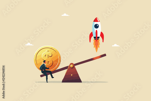 Leveraging Wealth, A Giant Dollar Coin Tipping the Seesaw to Propel a Businessman with a Rocket
