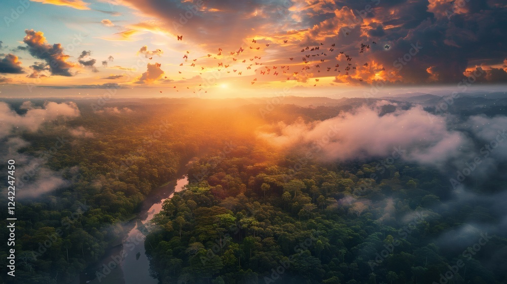 Fototapeta premium Beautiful Sunset over Lush Jungle with Colorful Butterflies in Flight