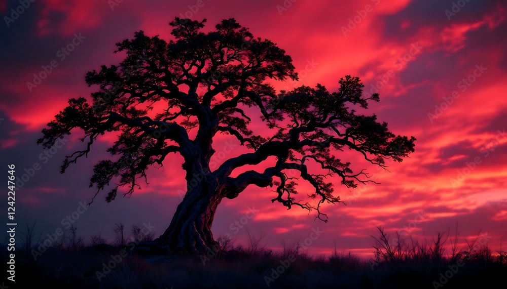 Solitary oak silhouette against fiery red sky, representing perseverance, ideal for inspirational designs or nature-themed portfolios Solitary oak silhouette against fiery red sky, representing perseverance, ideal for inspirational designs or nature-themed portfolios
