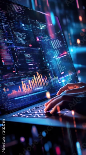 Code on laptop screen. Hands typing. Abstract lights background. Coding, programming, design work usage