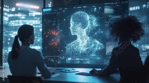 Futuristic artificial intelligence concept with a digital human head composed of glowing blue lines and data streams in a high-tech environment