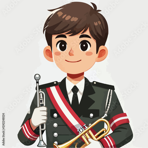 Smiling Boy in Uniform Playing Trumpet Illustration