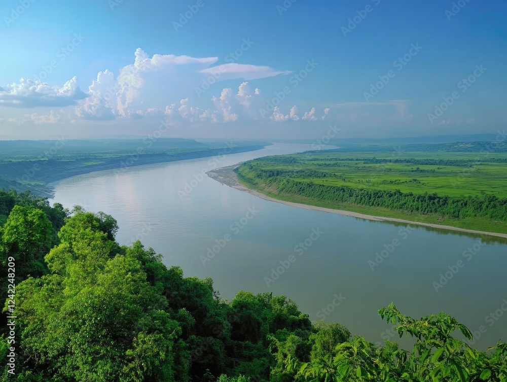Expansive river view with lush greenery under a serene sky landscape scenery Expansive river view with lush greenery under a serene sky landscape scenery