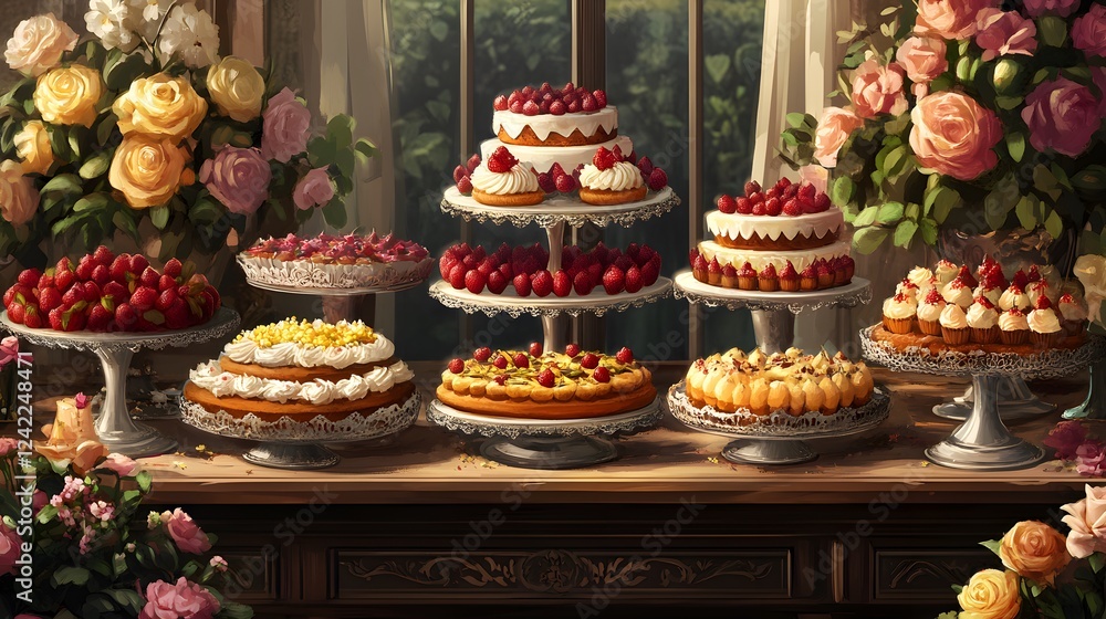 Fototapeta premium A vibrant display of various delectable desserts with a floral background.