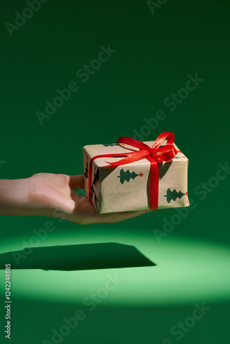 Hand Holding A Christmas Present with festive paper photo