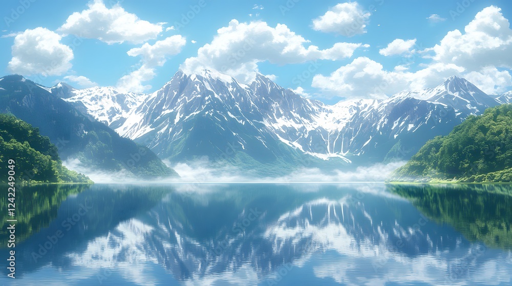 Fototapeta premium Majestic mountain landscape with snow peaks reflected in a tranquil blue lake.