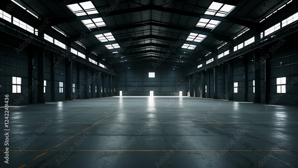 Spacious dark warehouse interior with ambient lighting Spacious dark warehouse interior with ambient lighting