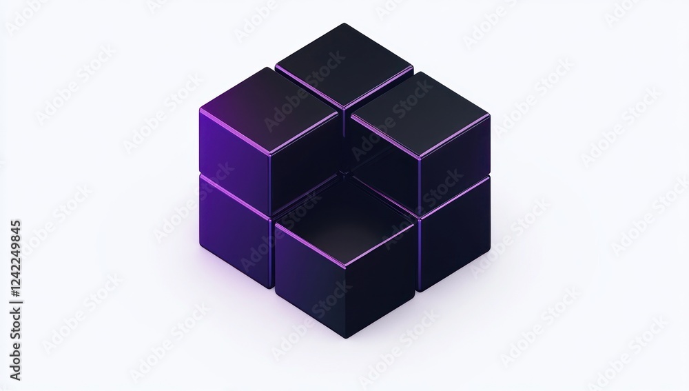 Abstract 3D rendering of four black cubes forming a larger cube with purple highlights on a white background. Abstract 3D rendering of four black cubes forming a larger cube with purple highlights on a white background.