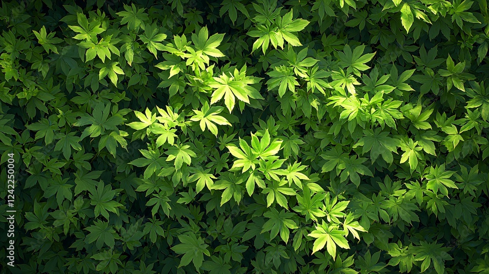 Lush green foliage, sunlight dappled, natural texture, background for design Lush green foliage, sunlight dappled, natural texture, background for design