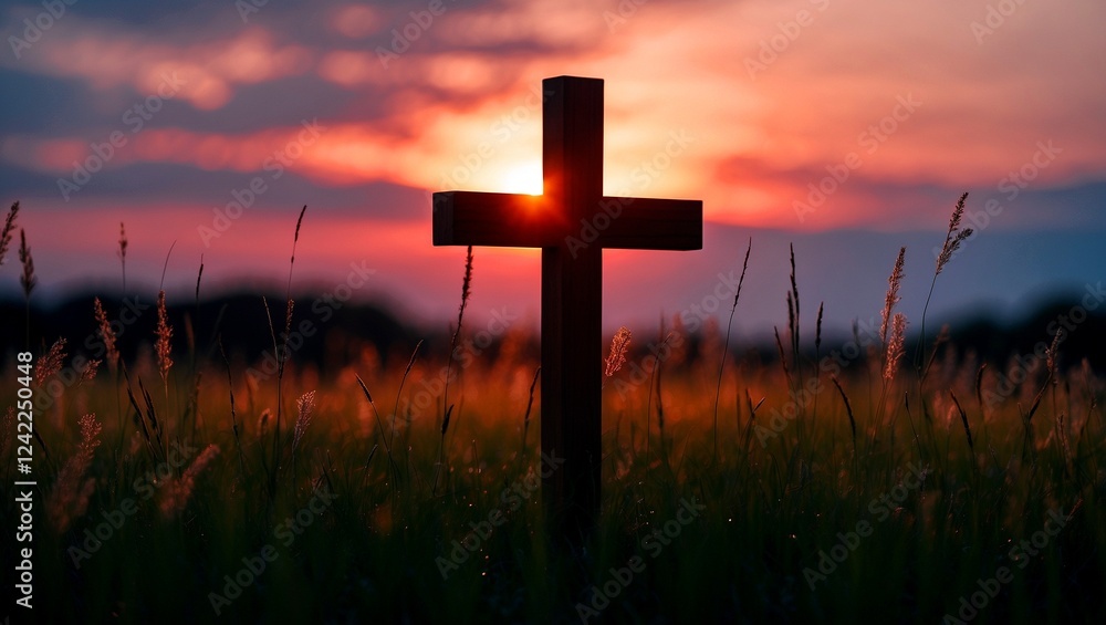 Stunning sunset over grassy field with cross silhouette Stunning sunset over grassy field with cross silhouette